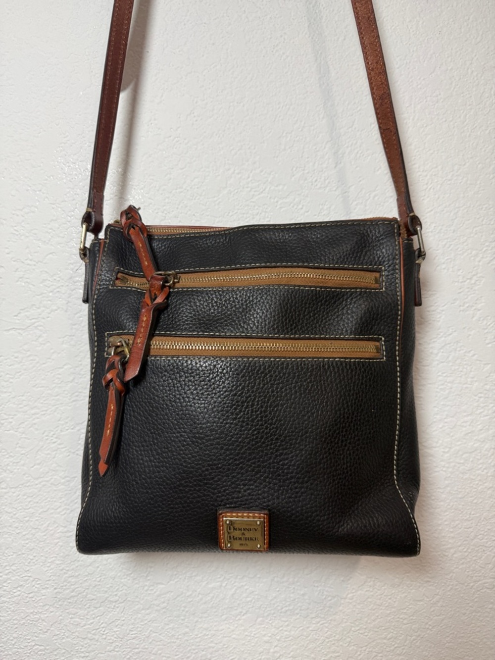 Dooney & Bourke Black Leather Crossbody with Brown Trim and Strap